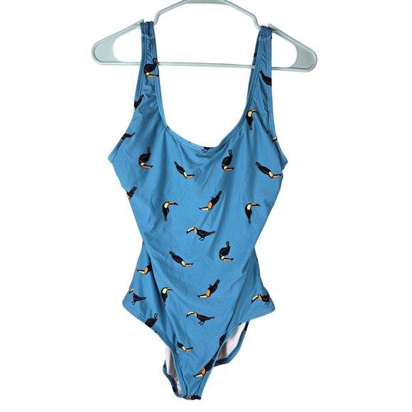 Blue Scoop Back Toucan Print One-Piece Swimsuit Ocean Gear Womens Size L - Picture 1 of 4